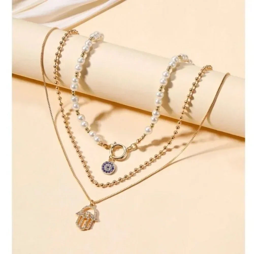 Gold Tone Hamsa Multilayer Necklace